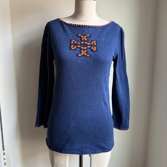 Tory Burch Embroidered Cotton Top Blue Orange Embellishment Sz S - Picture 6 of 9